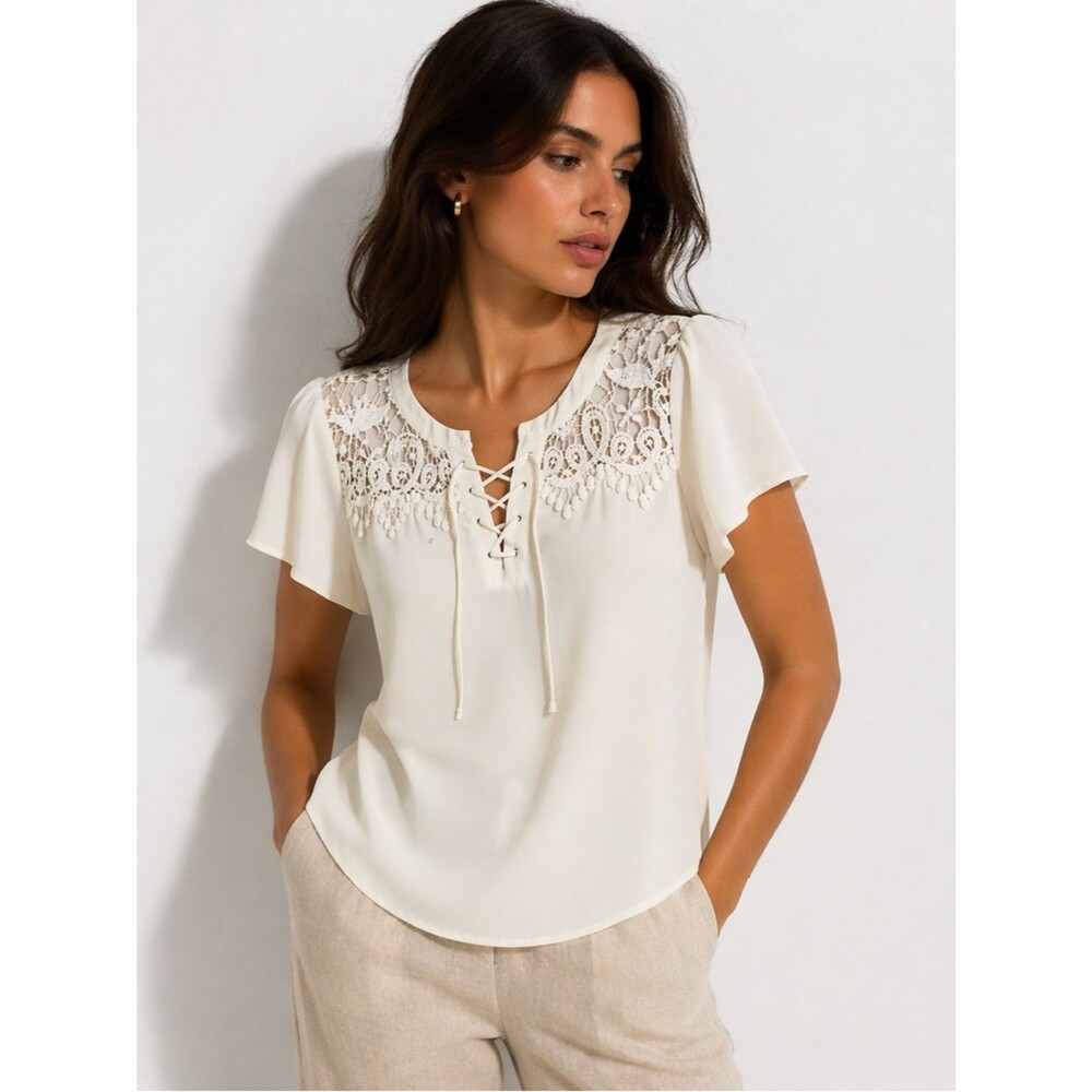 Express Ivory Sheer Lace Yoke Blouse Lace Up Neck Short Sleeve Top SP